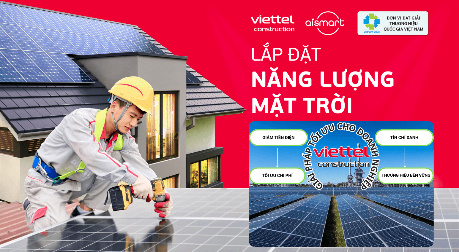 Worker in safety helmet installing solar panel on roof with solar panels and house background